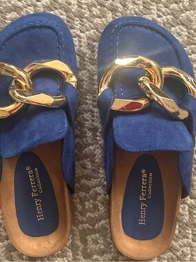 Henry Ferrera Royal Blue Suede Slide Mules with Gold Chain